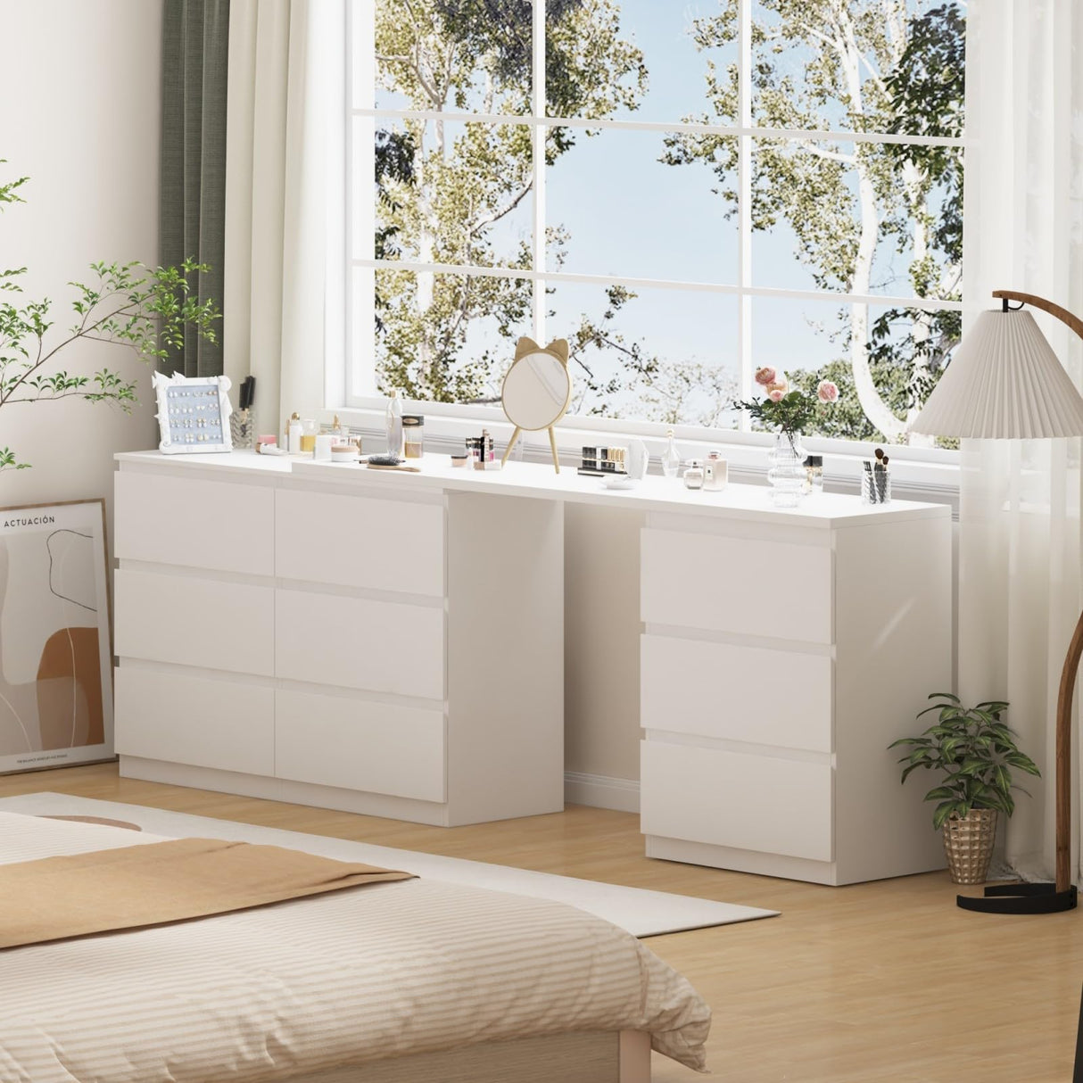 TAMUNE L-Shaped Dressing Table with 9 Drawers, Extendable Vanity Desk and Dresser Combo, Wood Vanity Dresser Makeup Desk, Wide Desktop, for Bedroom Dressing Room, White (70.9”W x 47.2”D x 31.7”H) TAMUNE