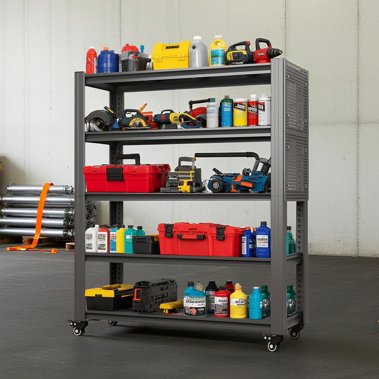 DITOMARRIO 78" H 5-Shelf Metal Storage Shelves, 2000 lbs Garage Shelving Unit with Pegboard, Adjustable Industrial Heavy Duty Storage Rack with Wheels, 47.2" W x 18" D for Pantry Basement, Black DITOMARRIO