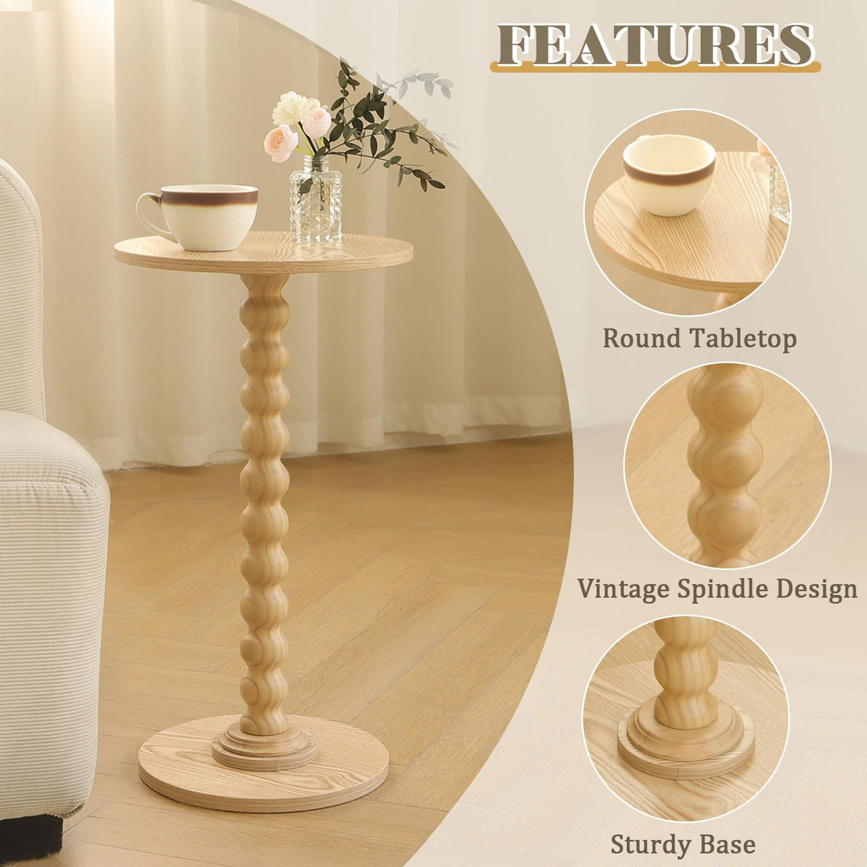 Fultyle Round Side Table, Small Drink Table for Small Spaces, Modern Accent End Table Coffee Table with Solid Wood Leg for Living Room, Bedroom, Corners, and Office (Natural) Fultyle