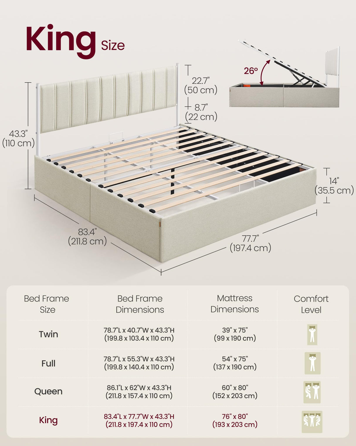 VASAGLE Lift Up Storage Bed Frame King Size, Hydraulic Platform Bed, with Upholstered Headboard, 1100 lb Weight Capacity, No Box Spring Needed, Easy Assembly, Modern, Cappuccino Beige URMB604W01V1 VASAGLE