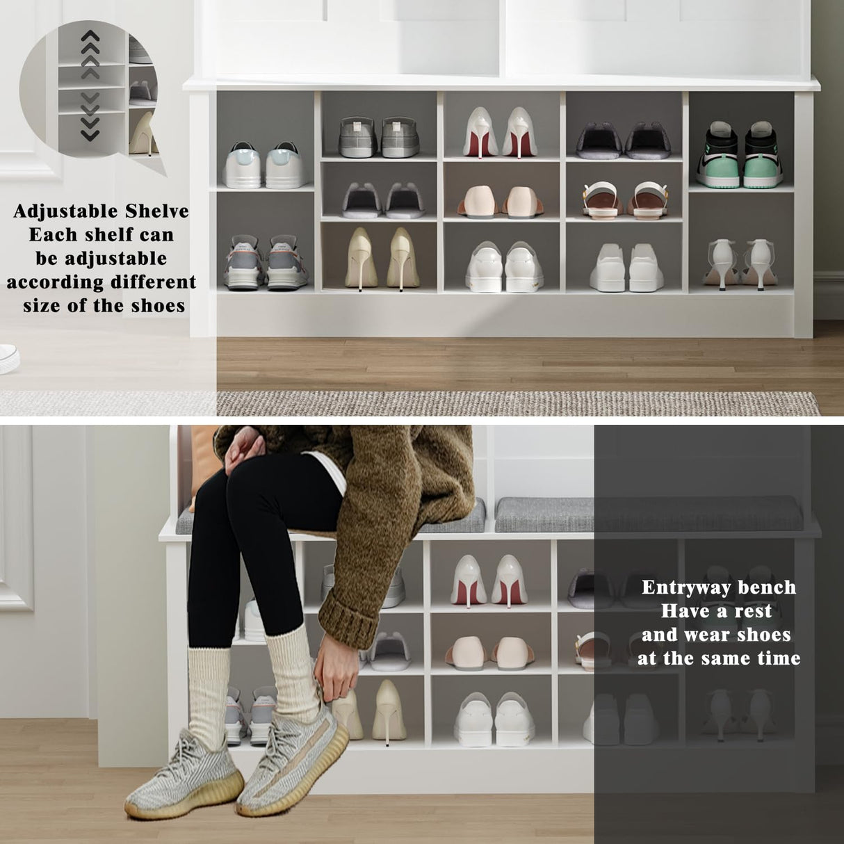 Wodeer Hall Tree with Bench and Shoe Storage, 4-in-1 White Hall Tree with Shelves, 6 Coat Hooks and Adjustable Shoe Storage Shelves for Entryway, Hallway, Bedroom Wodeer