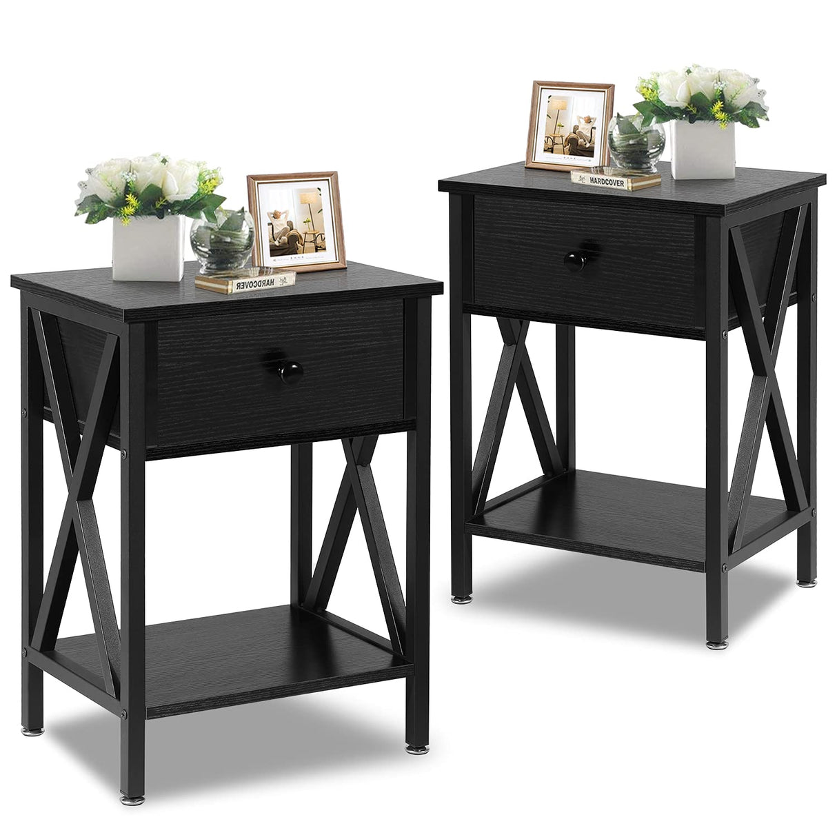 VECELO Night Stands for Bedroom Rustic Nightstand Bedside End Tables with Drawer Storage, (Set of 2), Classic Black VECELO