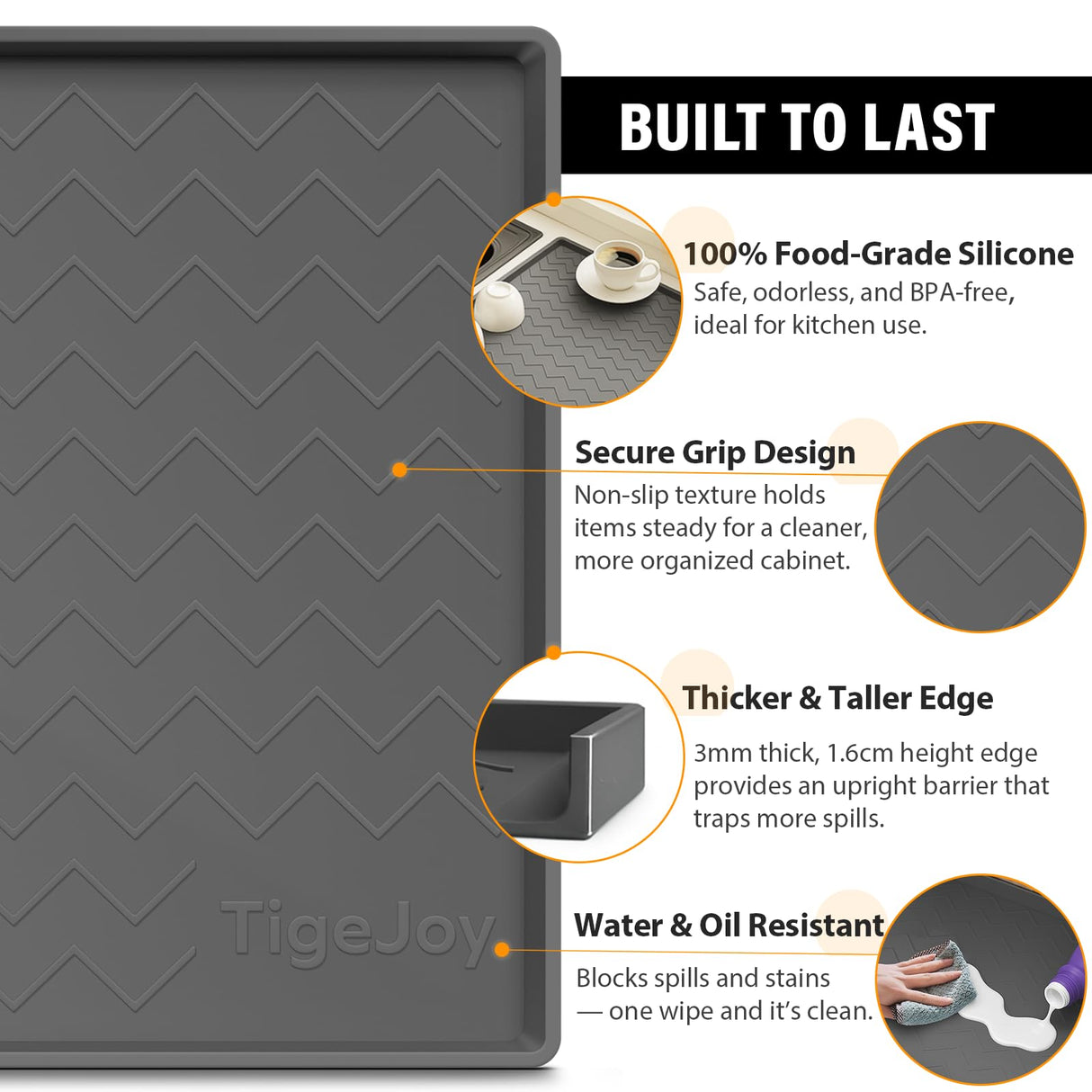 TigeJoy Under Sink Mat for Kitchen Cabinet 34" x 22", Upgraded Thick Silicone Waterproof Protector with Raised Edge, Anti-Leak Shelf Liner for Bathroom Tray Sink Organizers and Storage TigeJoy