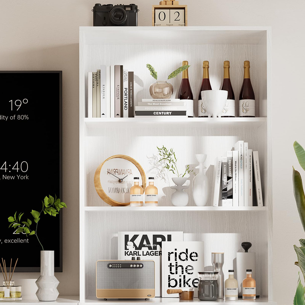 TUSY 4-Piece Large TV Stand with Bookshelves for TVs up to 75", TV Entertainment Center Media Center with Tempered Glass Doors and Shelves, TV Hutch for Living Room White (2A+2C) TUSY