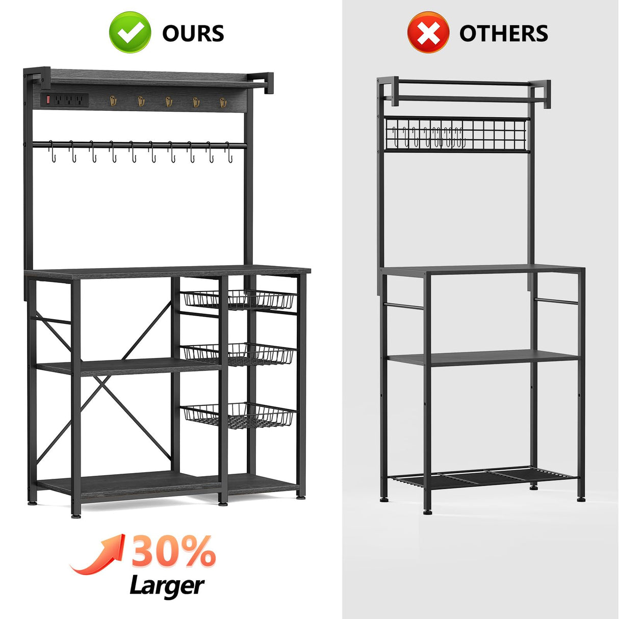 Kalrin 38.8 Inch Grey Oak Bakers Rack with Power Outlets and Hooks Kalrin