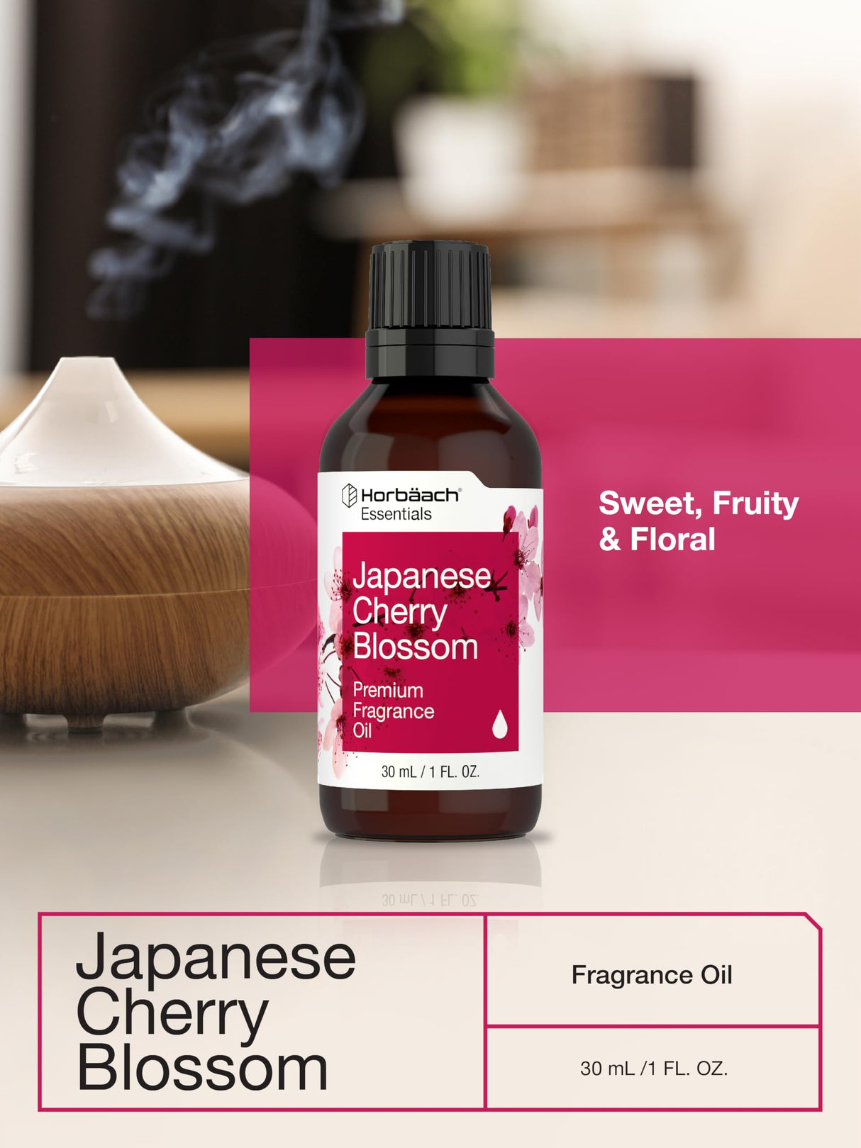 Horbäach Japanese Cherry Blossom Fragrance Oil | 1 fl oz (30ml) | Premium Grade | for Diffusers, Candle and Soap Making, Aroma Sprays, DIY Projects & More | Packaging May Vary Horbäach