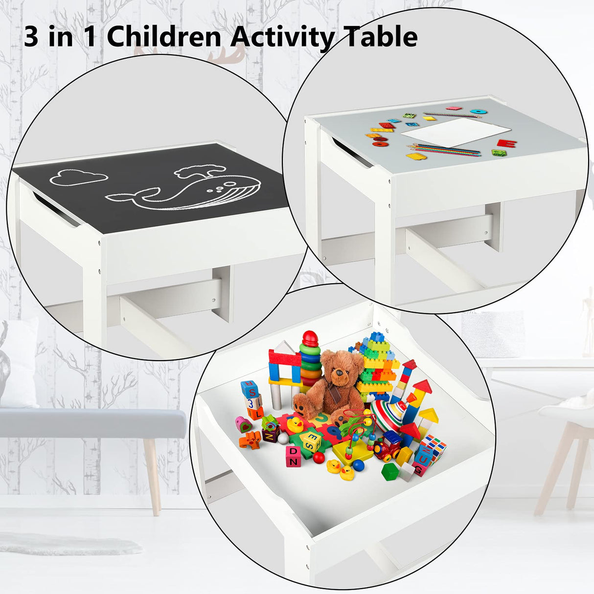 Kinder King Kids Wood Table & 2 Chairs Set, 3 in 1 Children Activity Table w/Storage, Removable Tabletop, Blackboard, 3-Piece Toddler Furniture Set for Art, Crafts, Drawing, Reading, Playroom, Grey Kinder King