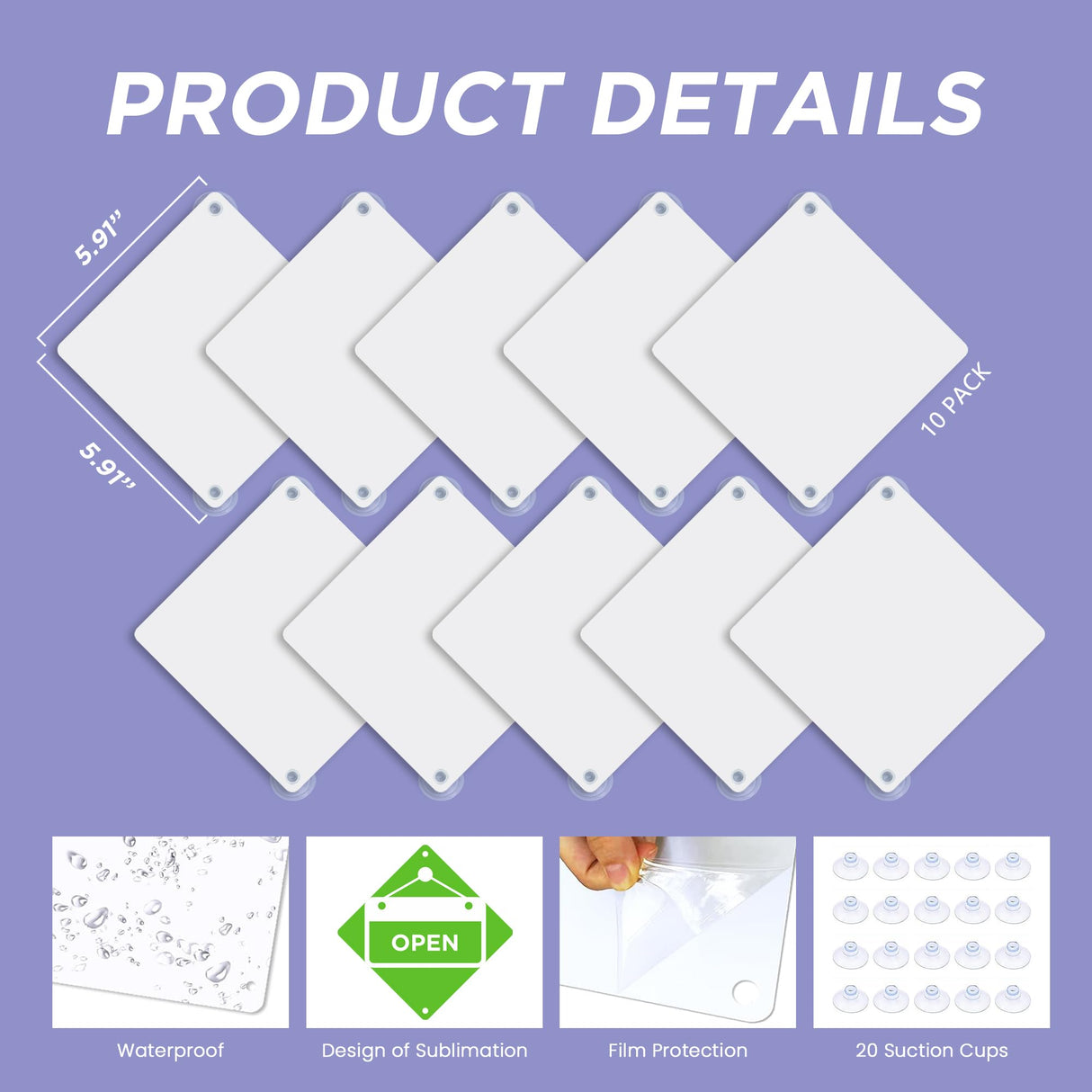 Metal Sublimation Signs, 10 Pack 6" x 6" Sublimation Blanks Suction Cup Car Window Sign Honysoal