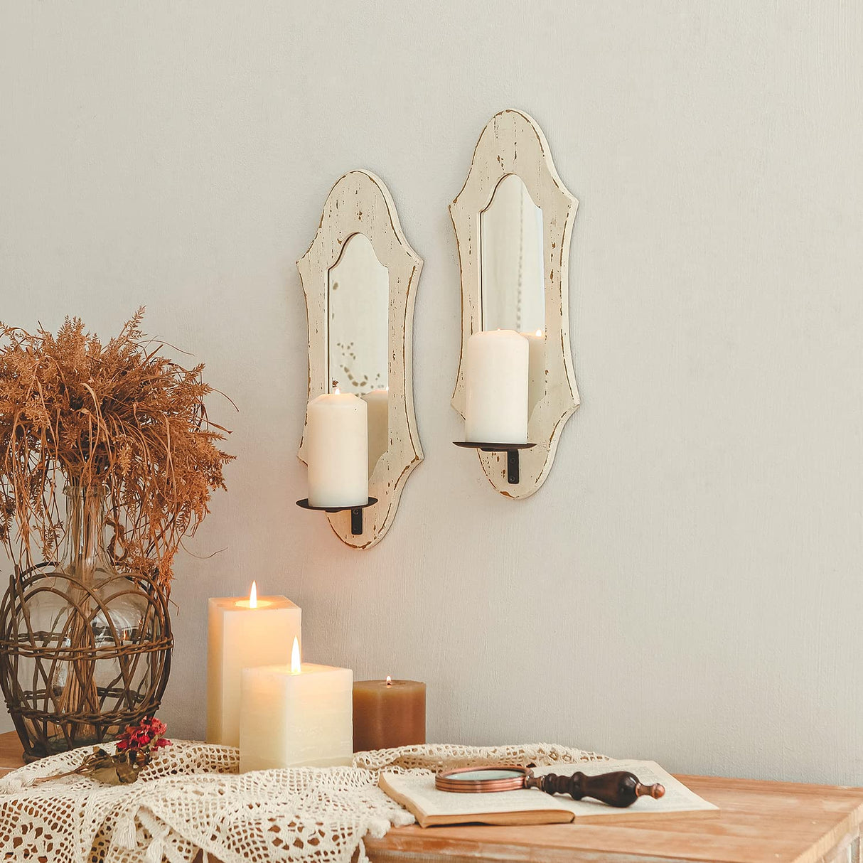 NIKKY HOME Farmhouse Candle Sconces Wall Decor Set of 2, Rustic Wooden Hanging Candle Holders, Antique Mirror Wall Art Decorations for Living Room, Bathroom, Dining Room and Office - Distressed White NIKKY HOME