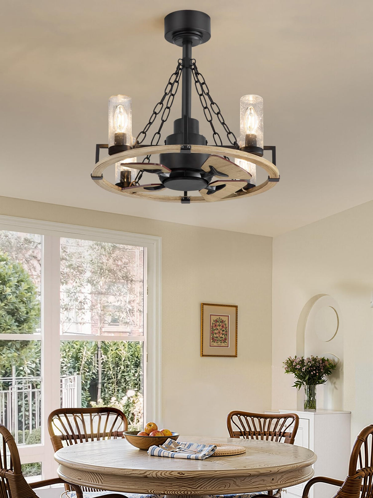 POWIFY 20 Inch Wagon Wheel Chandelier with Fan, Farmhouse Chandelier Fan with Remote, Quiet Reversible Motor, Dual Finish Blades, Black Rustic Ceiling Fan for Bedroom Dining Room Living Room Kitchen POWIFY