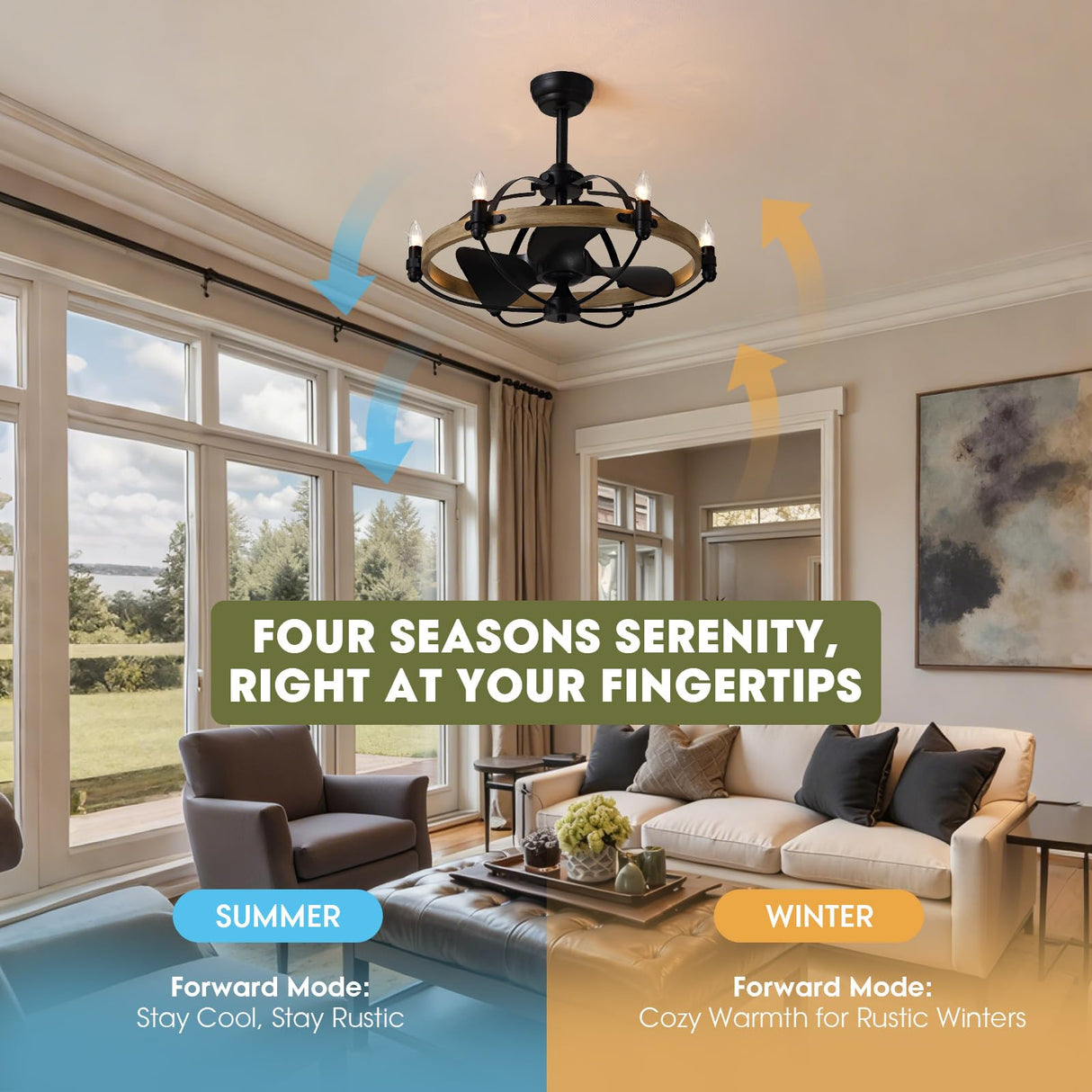 Industrial Caged Ceiling Fan with Lights, 27" Farmhouse Fandelier with Remote Control, 6-Speed Quiet Reversible Motor, E12 Base, Rustic Black and Wood Finish, No Bulbs Included Fansconce