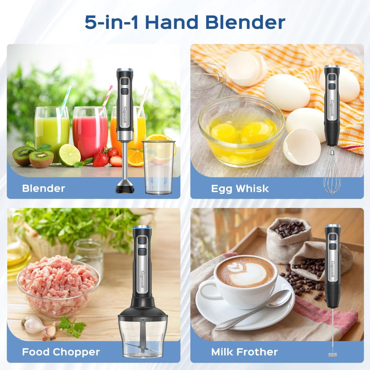 Immersion Blender 5 in 1 Hand Blender, Electric Blender Max 1000W Heavy Duty Motor, 21 Speed & Turbo Mode Handheld Blender, Milk Frother, Egg Whisk, 800ml Beaker, 600ml Chopper Stainless Steel Blades Gogocook