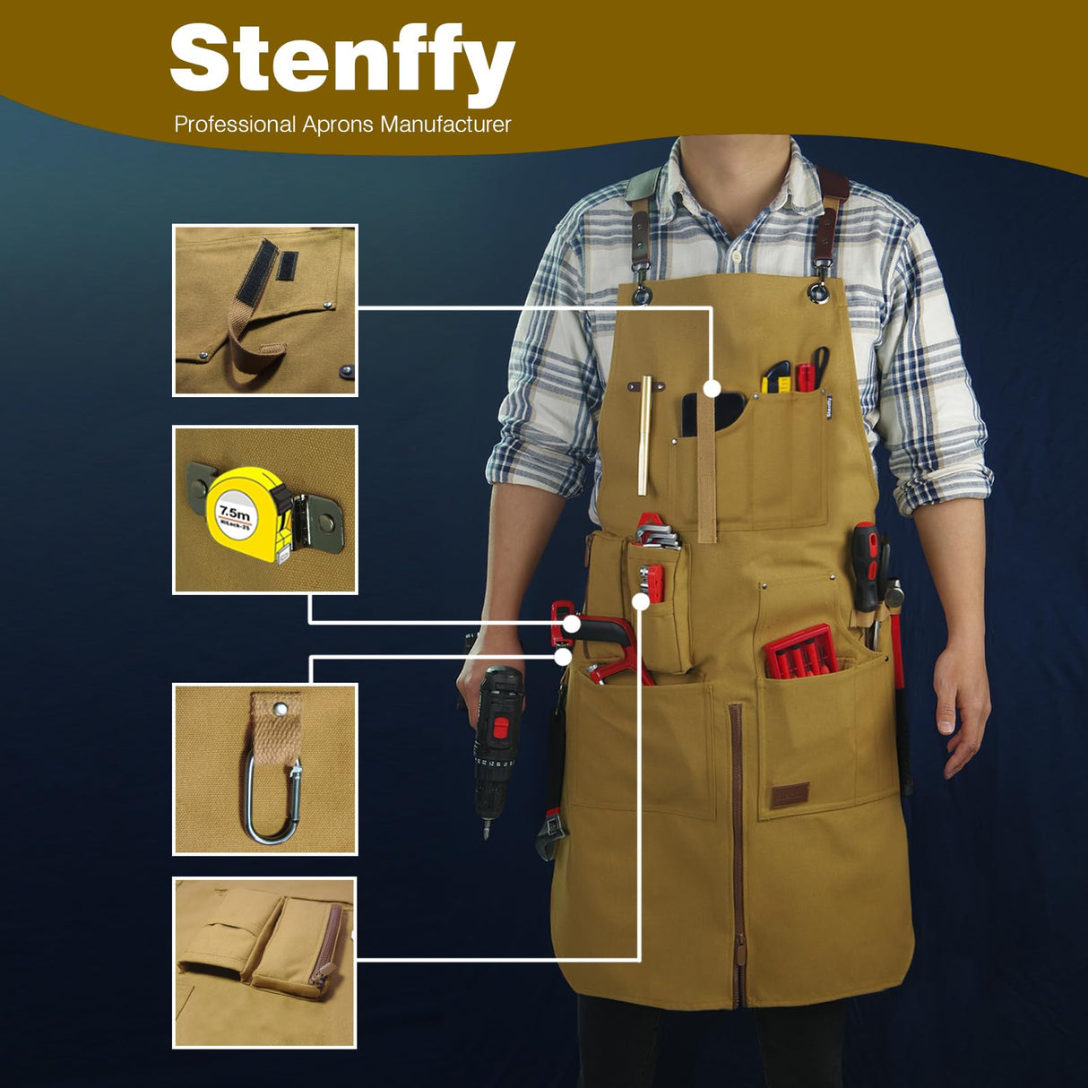 Stenffy Work Apron, Canvas Apron, Adjustable Weight, Tool Aprons with Multiple Pockets, Adjustable Zipper, Metal Ring, Tape Measure Clip, Apron for Men Women, 27In*36In, Khaki. Stenffy