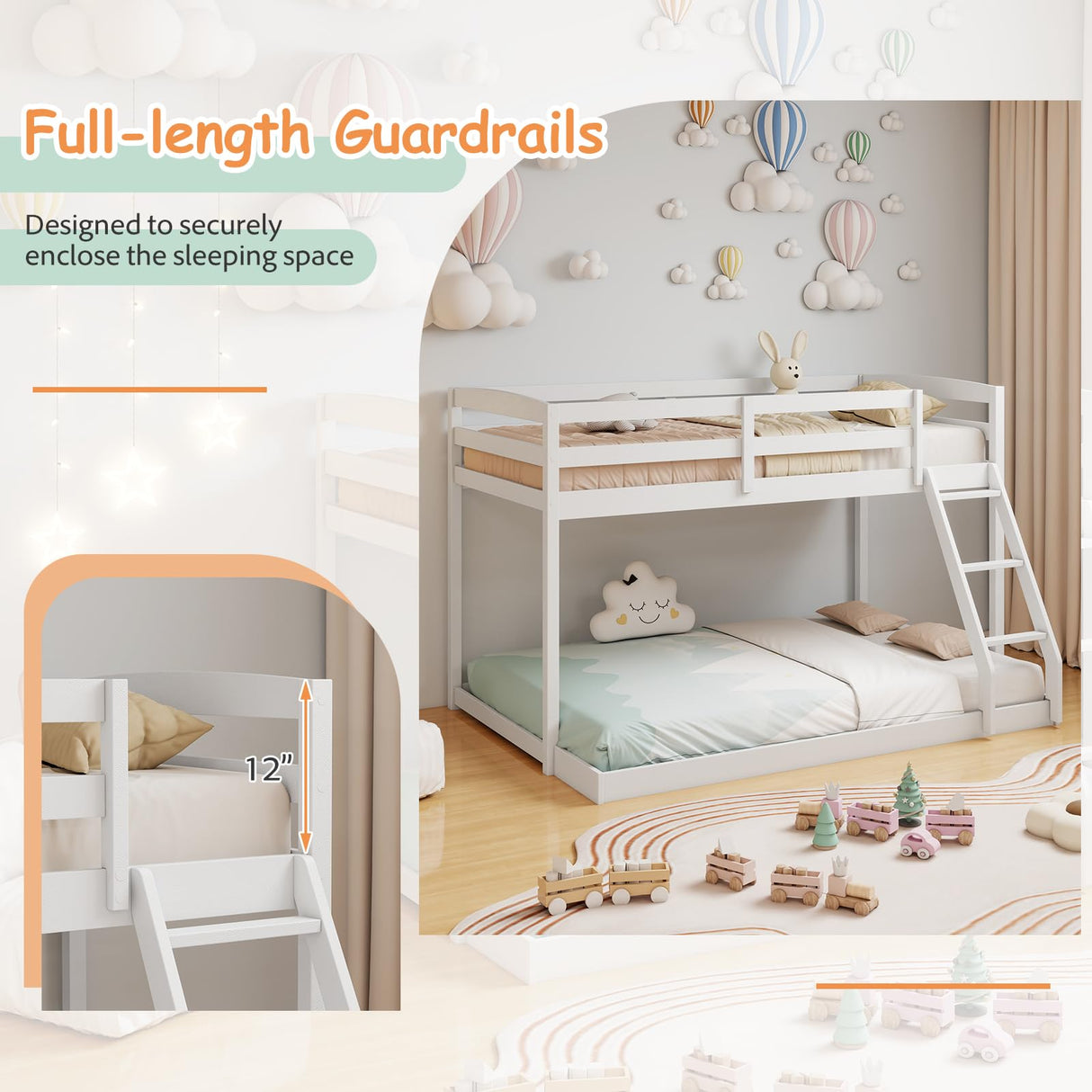 KOMFOTT Low Bunk Bed Twin Over Full, Solid Wood Twin Bed Frame with Built-in Ladder & Safety Guardrails, Space-Saving Low Bunk Bed for Kids, Teens, No Box Spring Needed KOMFOTT