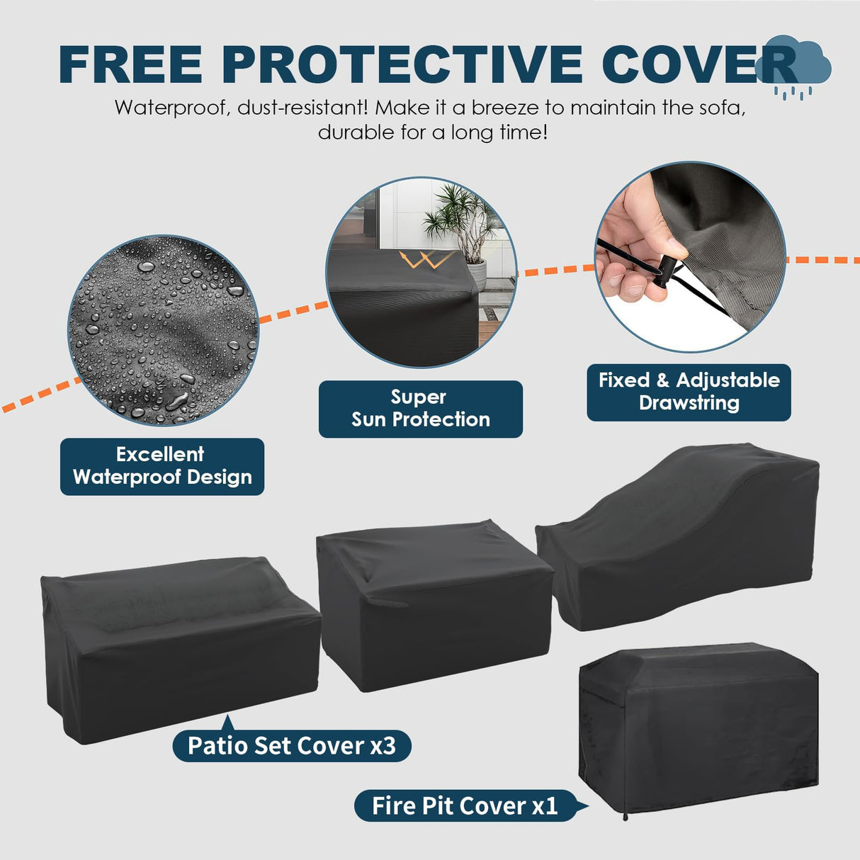 VONZOY Patio Furniture Set with Fire Pit Table, 7 Piece Outdoor Sectional Conversation Sets Wicker Rattan Sectional Sofa with Coffee Table for Patio Garden Backyard, 4'' Thickened Cushion Dark Grey VONZOY