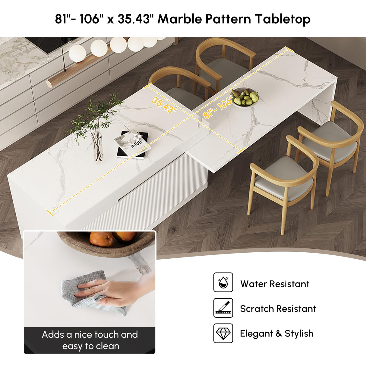 homary Kitchen Islands with Seating 81''-106" Extendable Kitchen Storage lsland with Doors&Drawers Marble Pattern Top homary