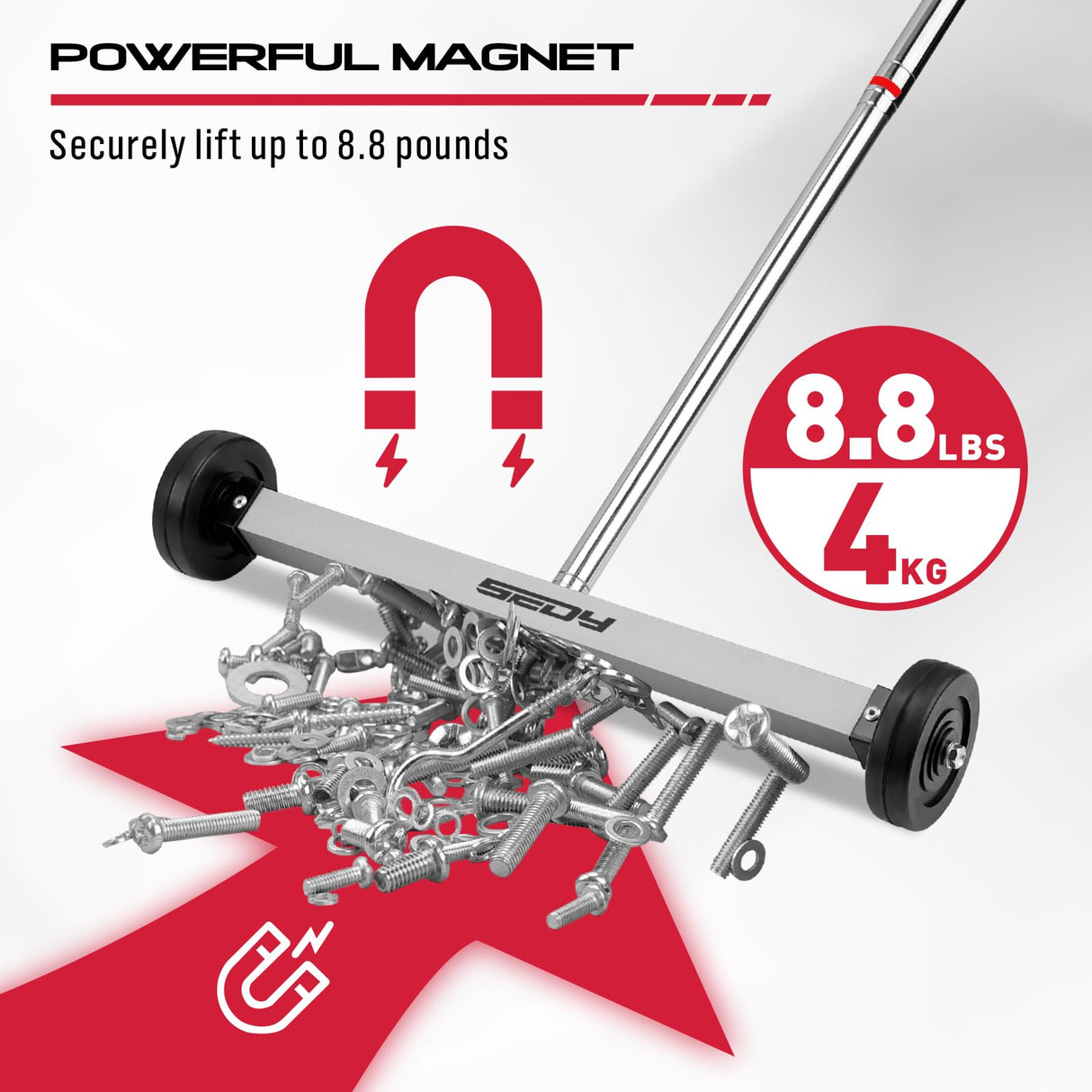 Magnet Sweeper Magnetic Nail Roller: 17-Inch Heavy Duty Magnet Nail Pickup Rolling Tool with Telescoping Adjustable Handle 8.8-Pound Capacity Ideal for Workshop Garage Yard Construction Cleanup SEDY