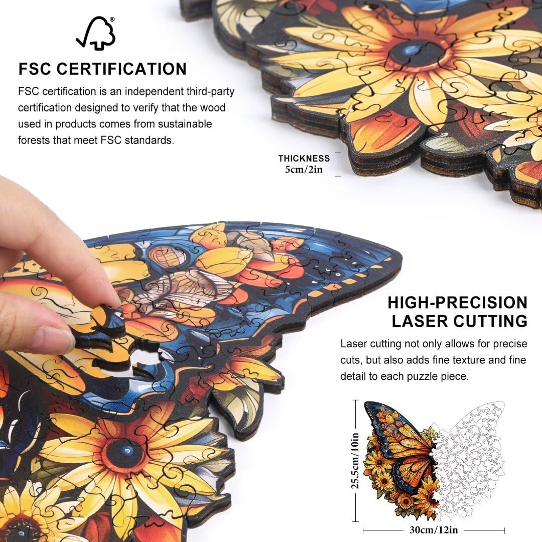 Wooden Puzzles for Adults - 200 Pieces Butterfly Unique Shaped Wooden Jigsaw Puzzles for Adults, Medium Size 10'' x 12'' Adult Wood Puzzles for Family Friend Game Offito