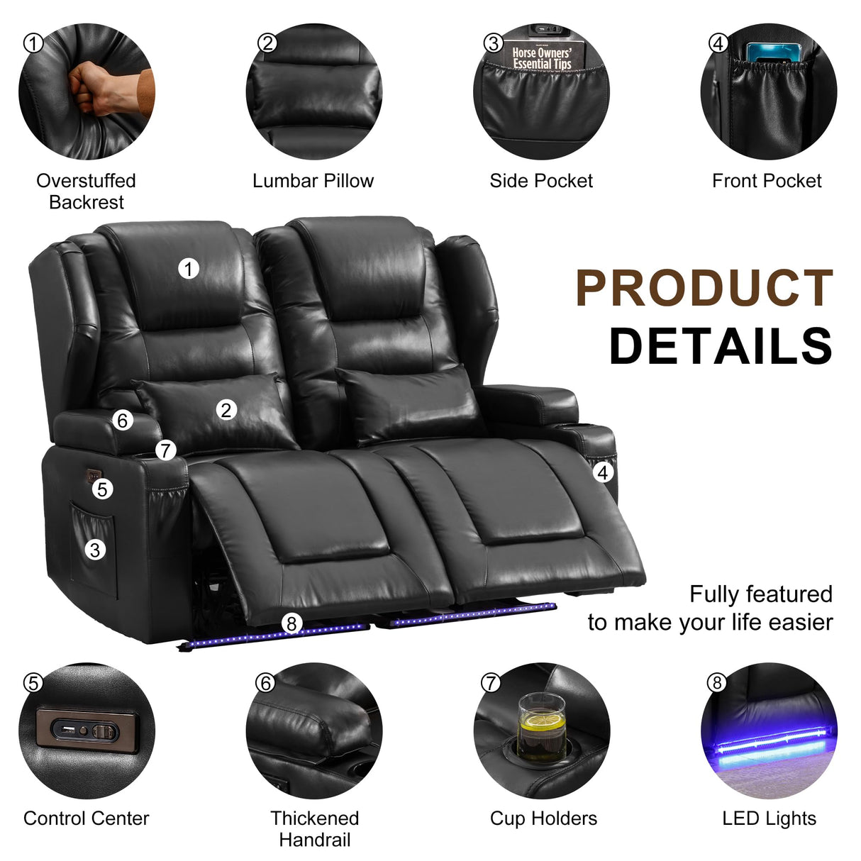 DRMBOOK RV Power Loveseat Recliner Sofa, Leather Double Wall Hugger Reclining Sofa, Home Theater Seating Chair with Cup Holders, 2 Person Couch RV Furniture for Living Room, Black DRMBOOK