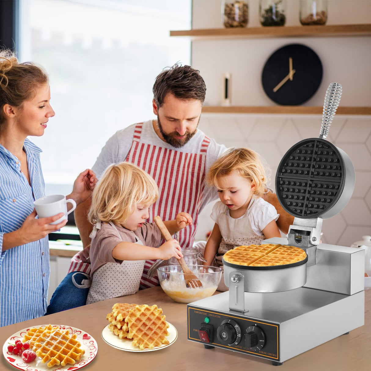 Dyna-Living Waffle Maker Commercial Waffle Maker Machine 110V 1200W Non-stick Waffle Iron Maker Stainless Steel Round Commercial Waffle Maker for Restaurant Dyna-Living
