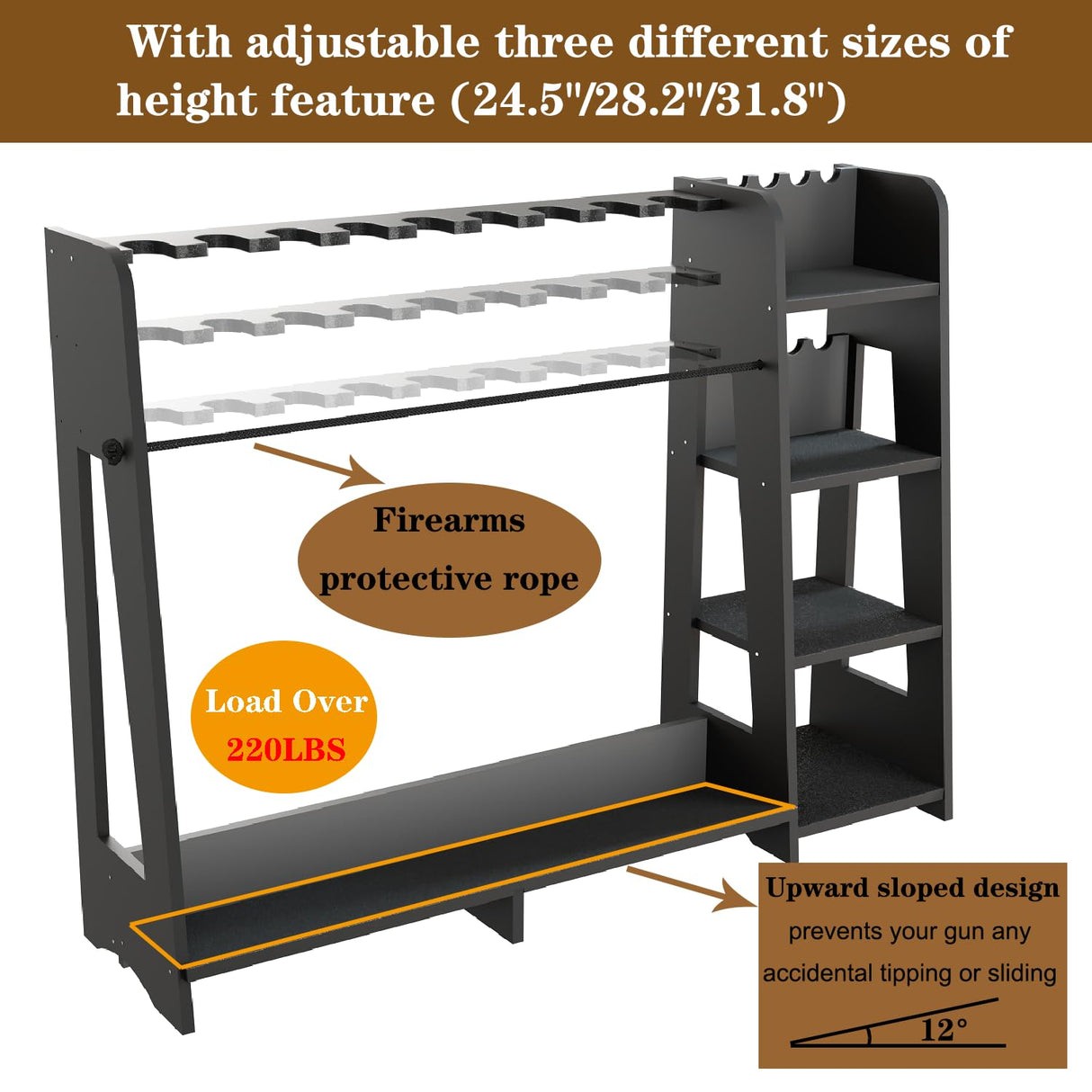 Prometis Gun Storage Racks - Freestanding Floor Wooden Rifle Rack with Pistol Shelves, 9+8 Slots Adjustable Height Storage Solutions and Gun Room Display Stand, Holds up to 9 Long Guns and 8 Handguns Prometis
