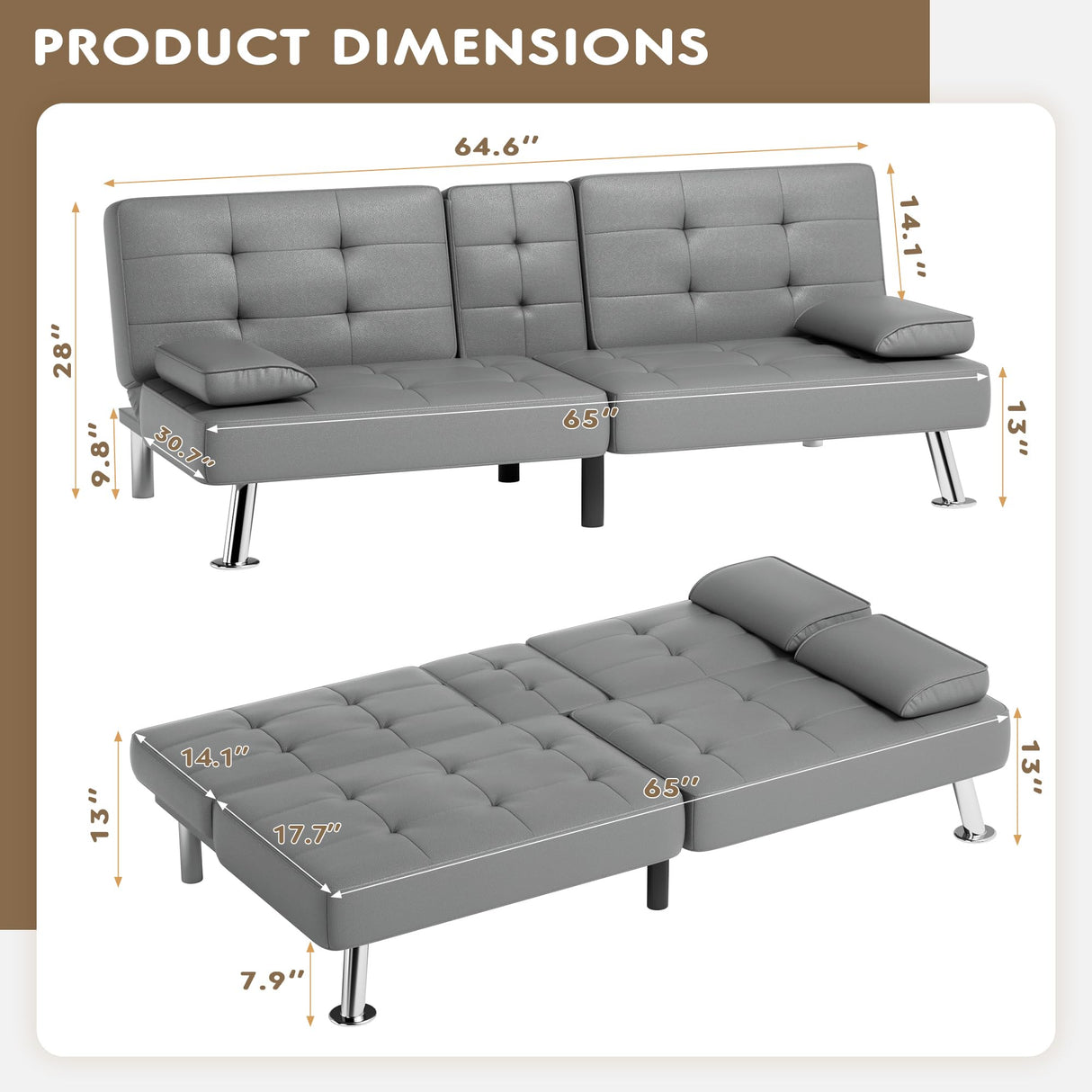 Homall Futon Sofa Bed, Leather Futon Couch with Removable Armrests, Adjustable Recliner Sleeper Sofa Bed with Dual Cup Holders for Living Room, Apartment, Office (Grey) Homall