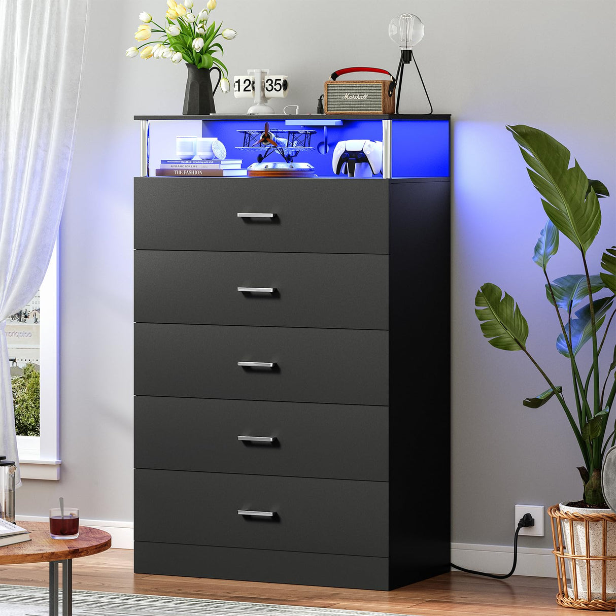 AOGLLATI Black Dresser for Bedroom with Column Design & Charging Station, Led 5 Drawers Tall Dresser for Bedroom,Black AOGLLATI