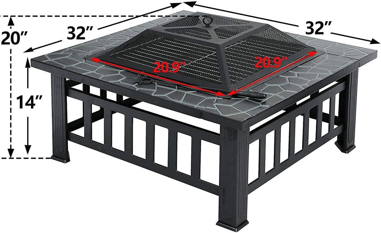 ZENY 32in Outdoor Fire Pits Outside Wood Burning Firepit Square Metal Fireplace Table Fire Bowl with Grill,Screen and Poker for Camping Bonfire Backyard BBQ ZENY