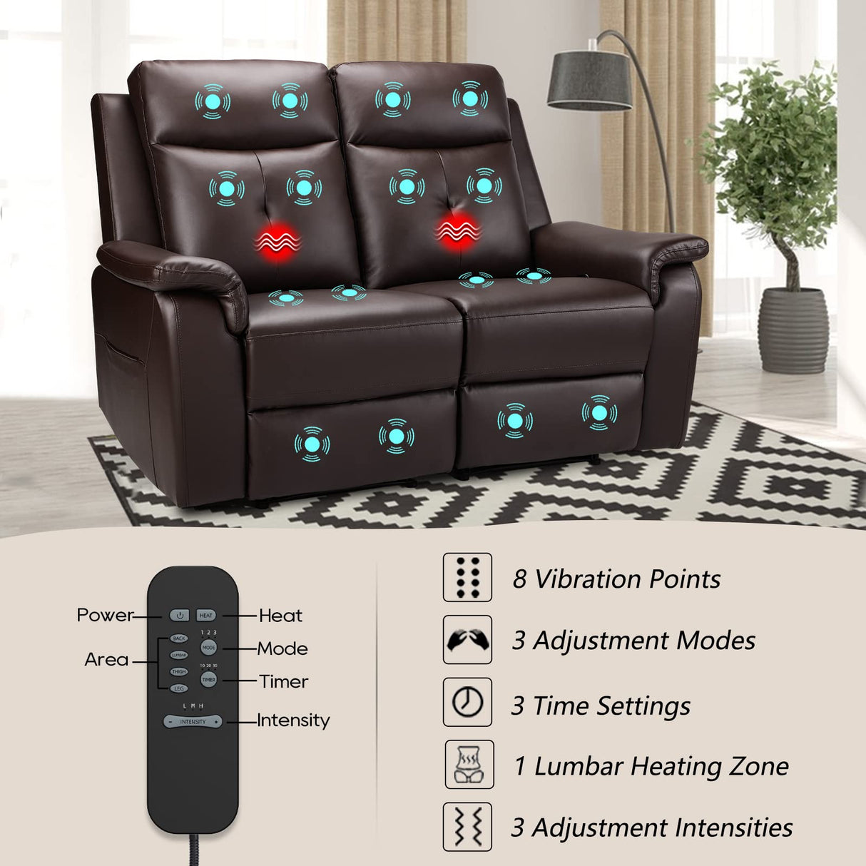 B BAIJIAWEI PU Leather Reclining Sofa - Manual Double Recliner Loveseat with Massage & Heating - 2-Seater Home Theater Seating for Living Room, Reading Room, Bedroom (Brown) B BAIJIAWEI