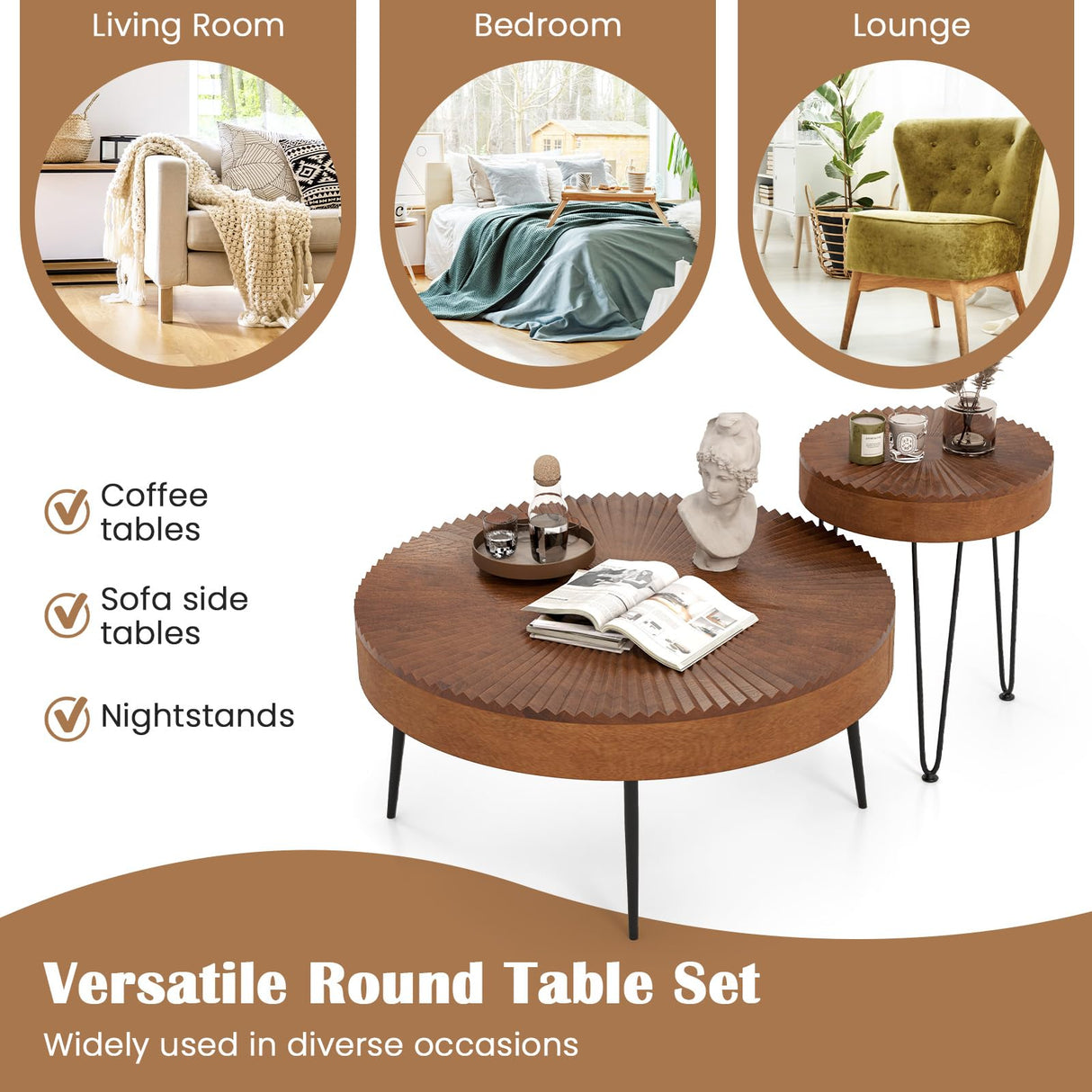 COSTWAY Farmhouse Round Coffee Table Set of 2, Rustic Sofa Side Tea Tables w/Wood Finish, Metal Frame, Adjustable Foot Pads, Nesting End Table Set for Living Room, Bedroom (Radial Pattern, Brown) COSTWAY