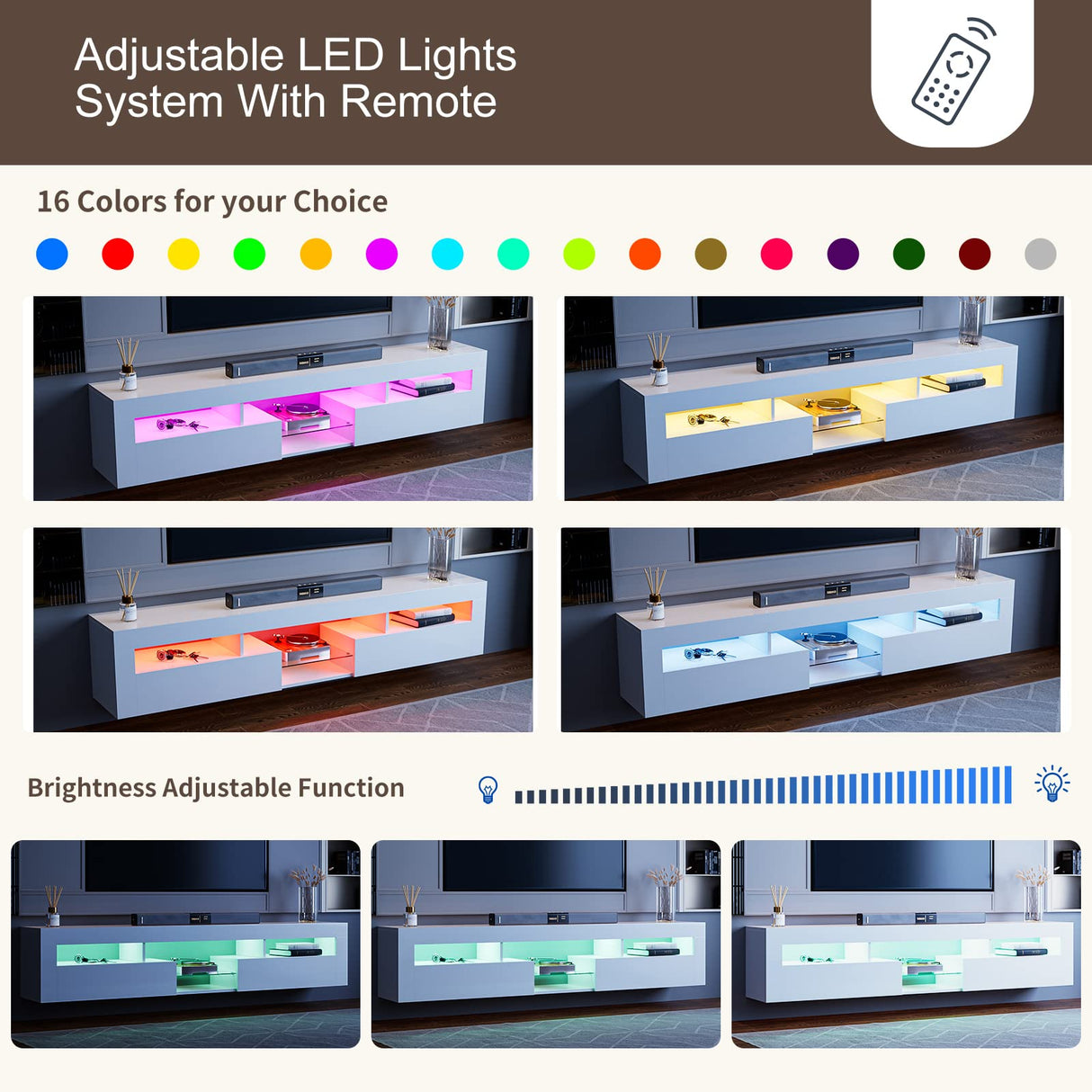 IKIFLY LED Floating TV Stand for 85+ inch TV, White High Glossy Wall Mounted Haning TV Stand with 2 Cabinets, Modern Floating Entertainment Center Console Shelf for Living Room, Bedroom IKIFLY