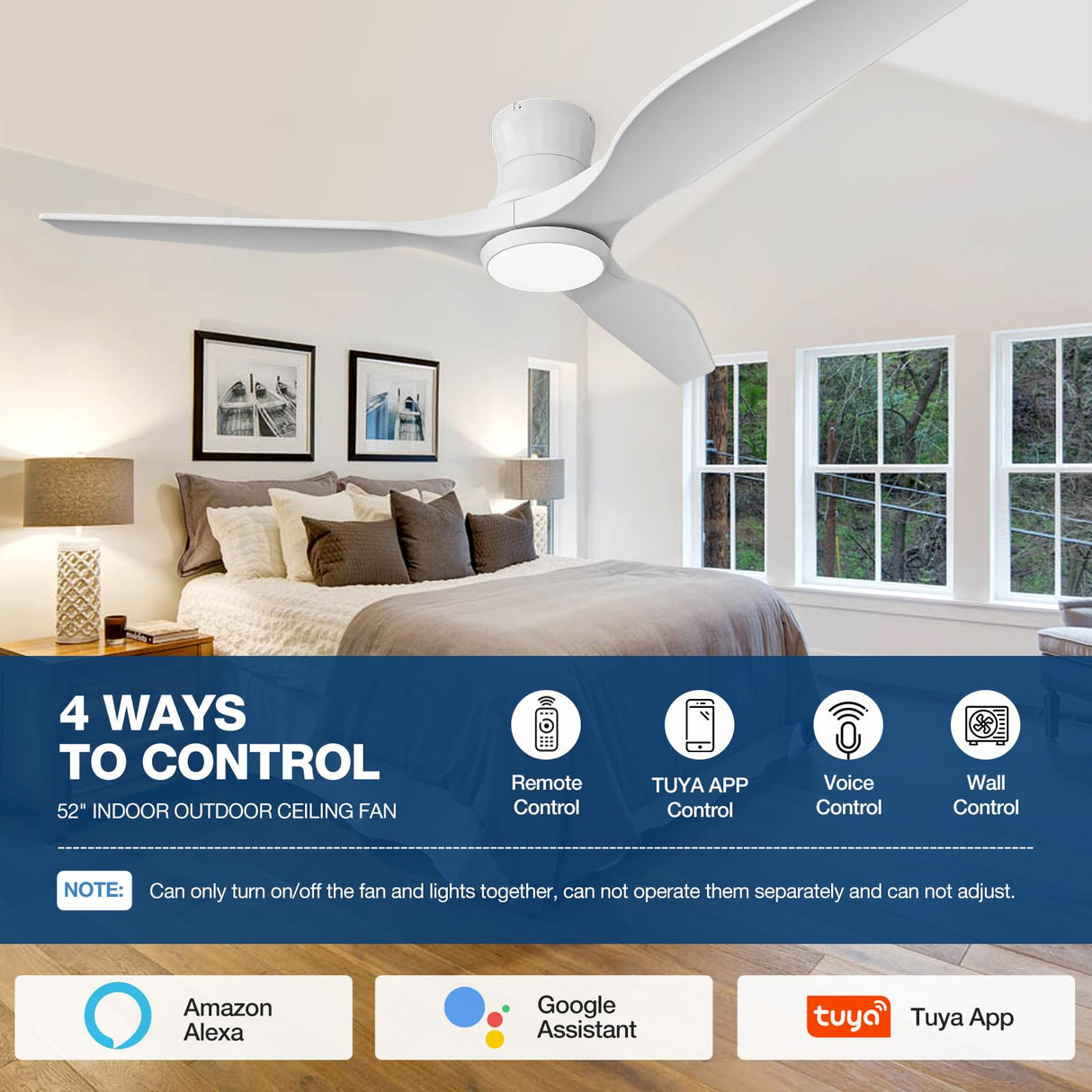 NOPAARD Smart 52" Wood Flush Mount Ceiling Fans with Lights Remote,Quiet DC Motor,Indoor Low Profile Ceiling Fan,Voice Contorl with Alexa App Control, High CFM, Dimmable LED Light, White Wood NOPAARD