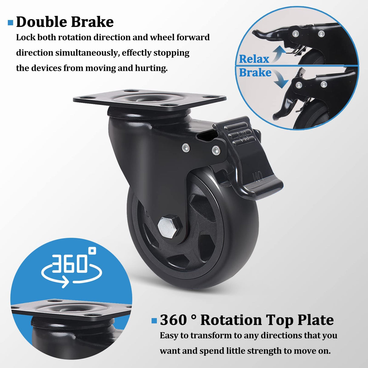 4 Inch Swivel Plate Caster Wheels, All Black Heavy Duty Casters Set of 4 with Brake, Polyurethane Locking Caster Wheels for Cart, Workbench, Load 2000lbs Wieyunn