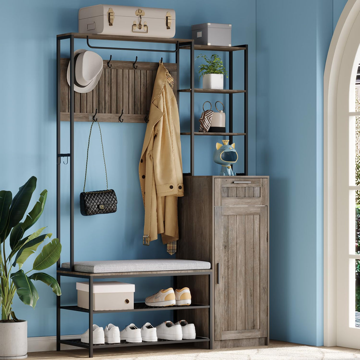 HOVANESTY Hall Tree with Bench and Shoe Storage, Coat Rack with Shoe Storage for Entryway, Mudroom Storage Cabinets with 11 Hooks, Drawers and Shelves, 7-in-1, Farmhouse, Industrial Style, Ash Gray HOVANESTY