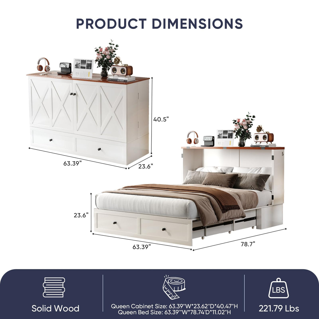 ijuicy Queen Murphy Bed with Storage & Multifunctional Charging Station, Farmhouse Murphy Cabinet Bed with Foldable Panel, Space-Saving Beds for Guest Bedroom, Living Room-White & Brown,with Mattress ijuicy