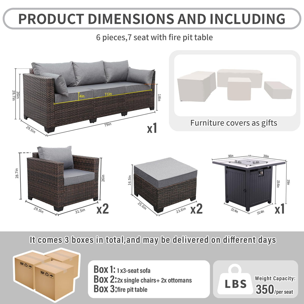 Valita 6 PCS Patio Furniture Set Outdoor Sectional Wicker Conversation Couch Brown Rattan Sofa Chairs with Ottoman 50,000BTU Adjustable Fire Pit Table and Grey Anti-Slip Cushions Valita