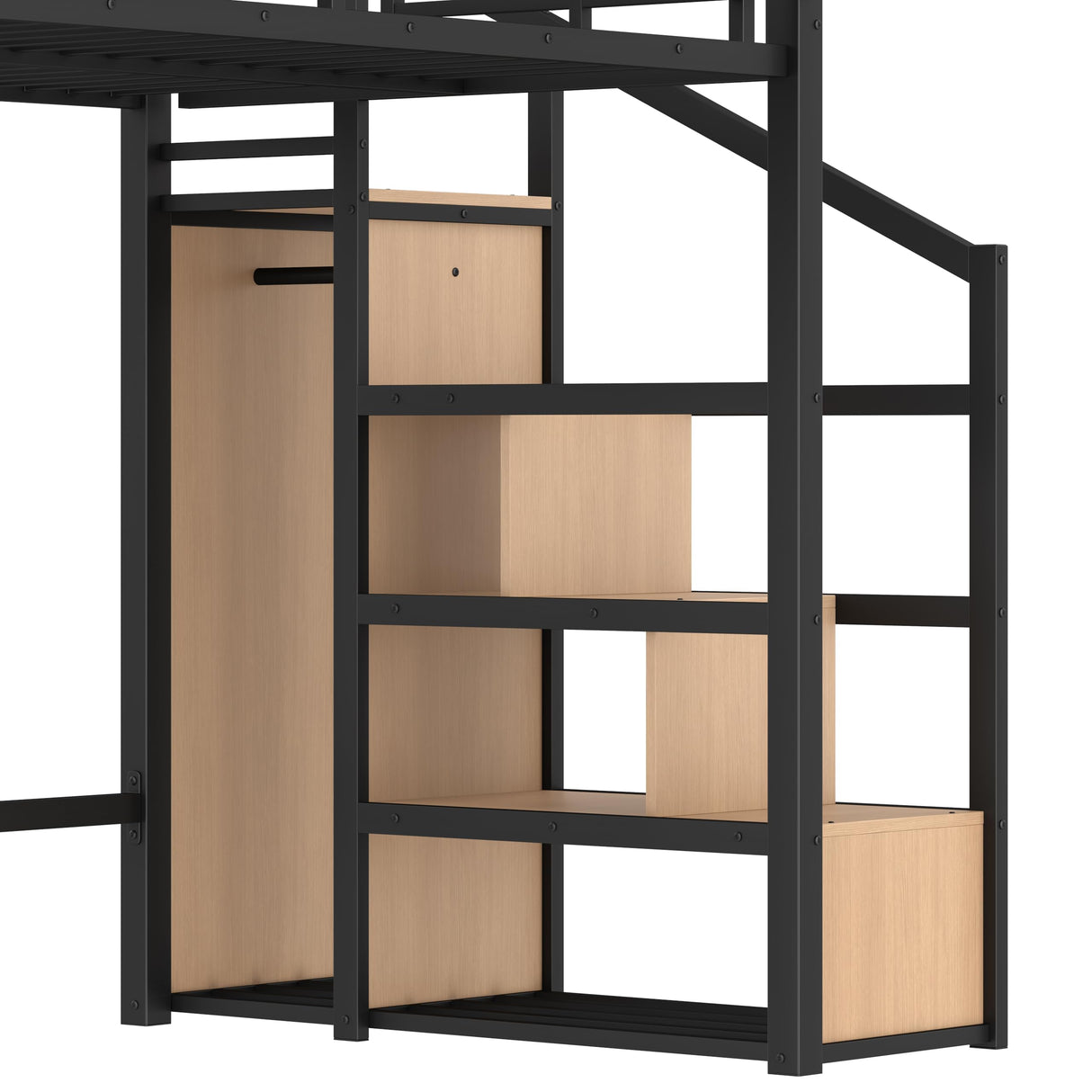 Bellemave Twin XL loft Bed with Storage Stairs, Wardrobe, Shelves, Metal Twin XL Size Loft Bed Frame for Adults, Kids, Teens, Black+Natural Wood Bellemave