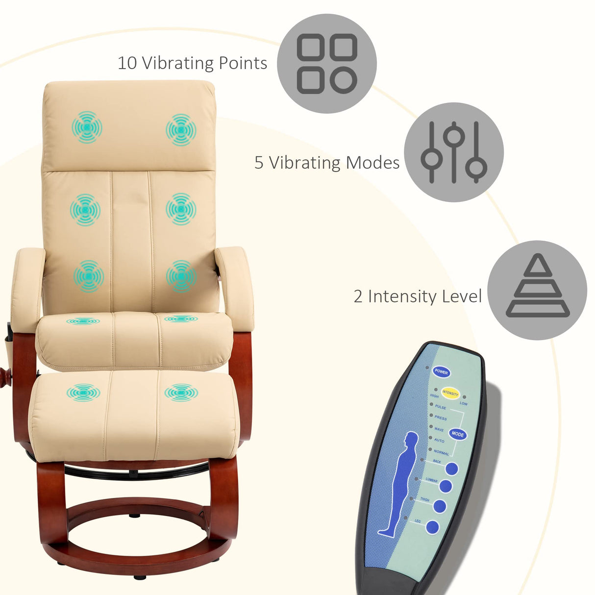 HOMCOM Recliner Chair with Ottoman, Electric Faux Leather Recliner with 10 Vibration Points and 5 Massage Mode, Reclining Chair with Remote Control, Swivel Wood Base and Side Pocket, Beige HOMCOM