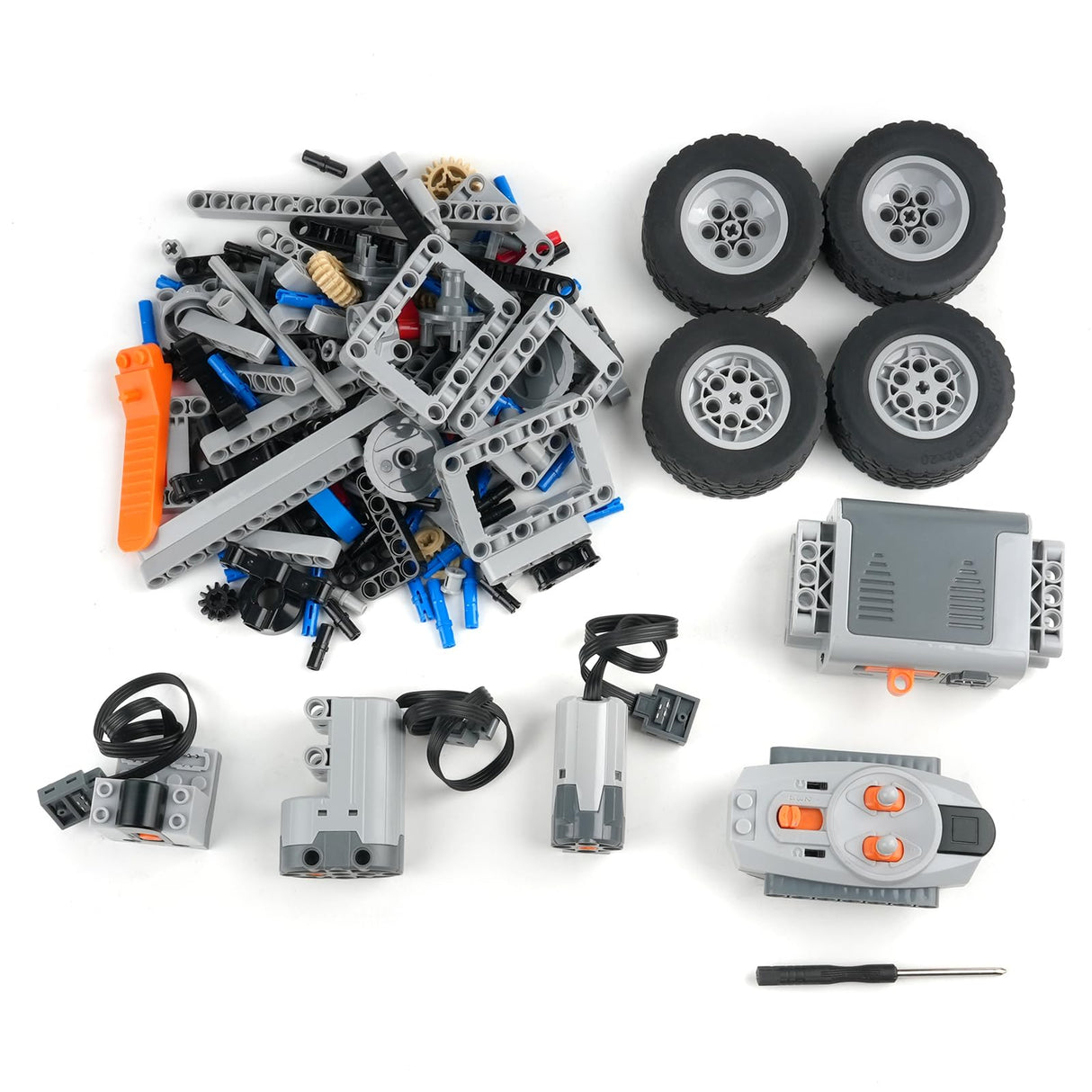 MOC 4WD Power Function RC Car Chassis Kit - Technical Building Blocks with 62.4x20mm Wheels, M Motor, Servo & AA Battery Box for Off-Road Climbing Cars RCmall