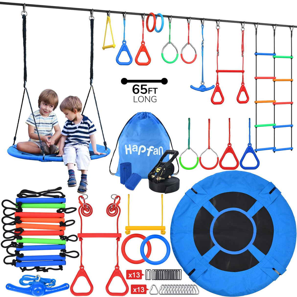 Hapfan 65 ft Ninja Warrior Obstacle Course for Kids with Swing, Ninja Rope Course with 11 Obstacles for Backyard Outside, Tree Slackline Jungle Gym Outdoor Hapfan