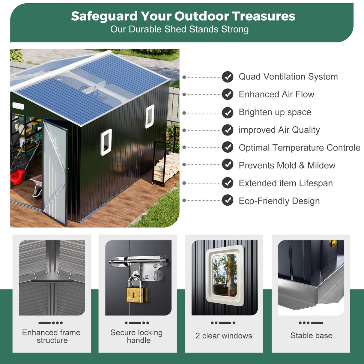 Metal Shed 10x12 Reinforced Sheds Outdoor Storage, Natural Lighting Tool Sheds with Translucent Roof Panels, Windows, and Lockable Doors, Ideal for Garden, Backyard, and Patio WACASA
