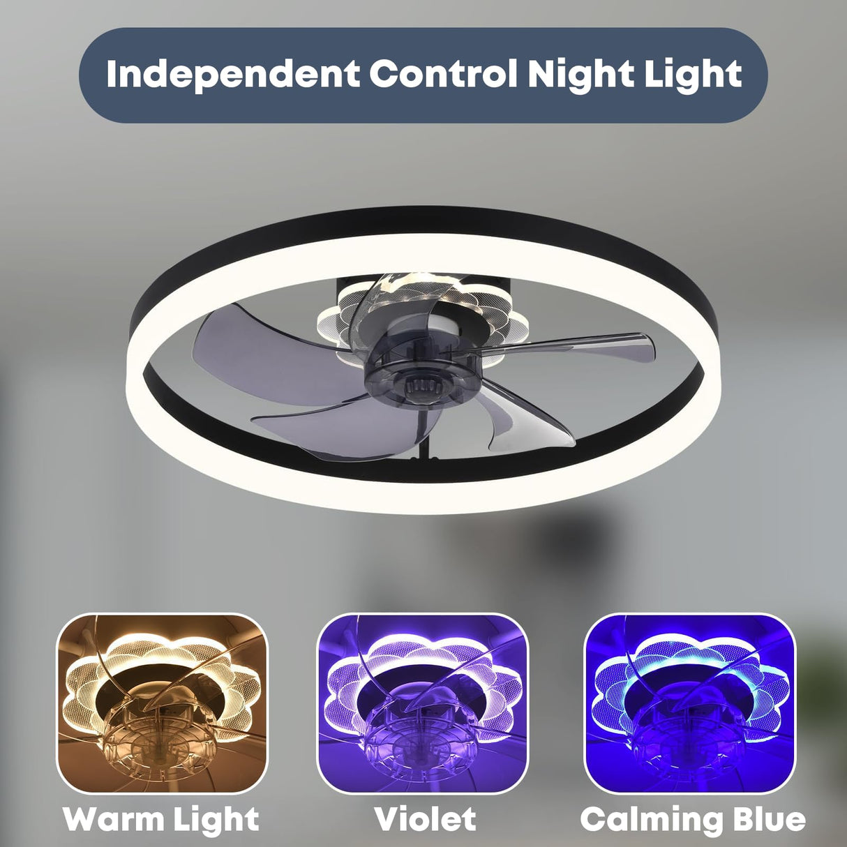 Fszdorj 20'' Ceiling Fan with Light, Upgraded Low Profile Fan, Flush Mount Ceiling Fan, 6 Speeds, Dimmable LED, App & Remote Control, Quiet DC Motor, for Bedroom, Living Room, F115 Black Fszdorj