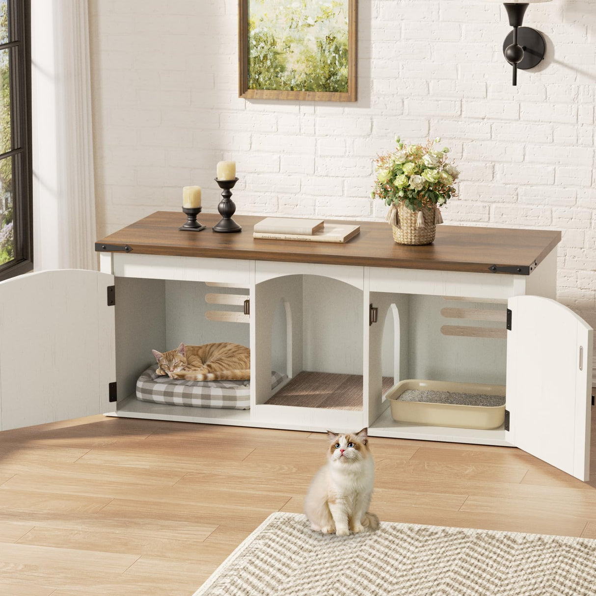 Halitaa Double Cat Litter Box Enclosure, Hidden Litter Box Furniture for 2 Cats, Farmhouse Cat House with Scratch Pad for 2 Litter Boxes, Wooden Enclosed Litter Box Furniture, Entryway Bench, White Halitaa