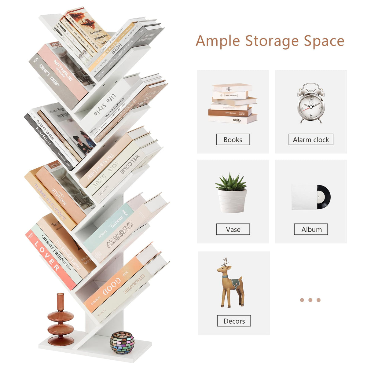 Hoctieon 10 Tier Tree Bookshelf, 10 Shelf Bookcase, Free Standing Tree Bookcase, Display Floor Standing Shelf for Books, Book Shelf Organizer, White Hoctieon