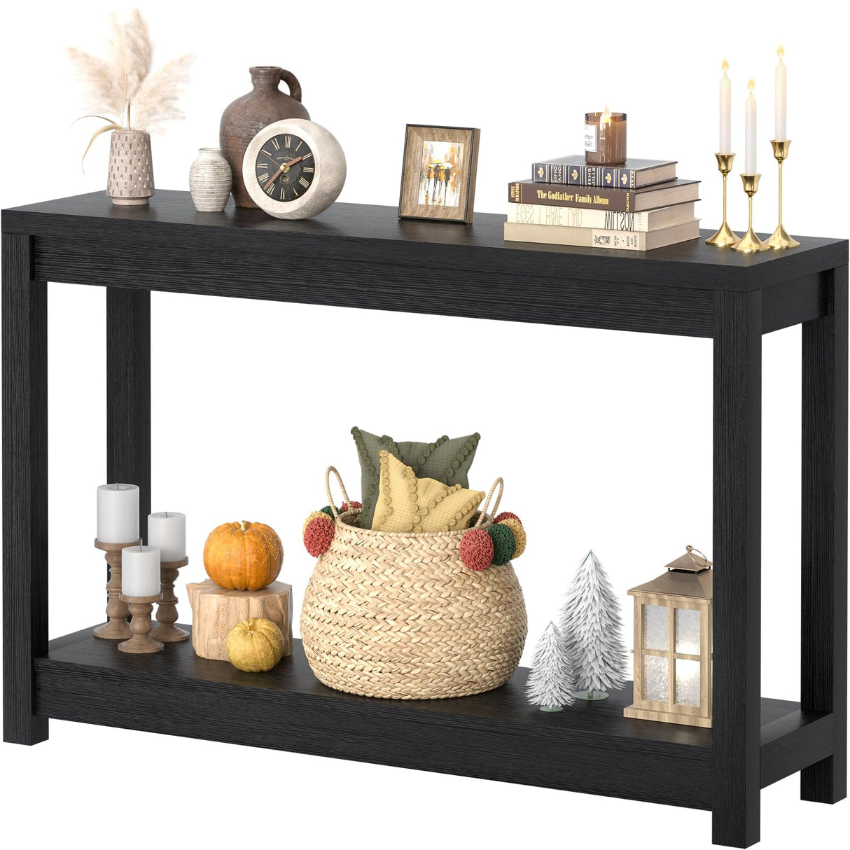 Besiost 47" Farmhouse Wood Entryway Table Narrow Console Table with Storage Behind Couch Sofa Table with Shelves Entry Way Table with Open Storage, Easy Assembly, Embossed Wood Grain Black Besiost