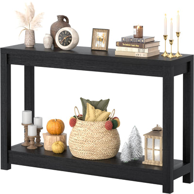 Besiost 47" Farmhouse Wood Entryway Table Narrow Console Table with Storage Behind Couch Sofa Table with Shelves Entry Way Table with Open Storage, Easy Assembly, Embossed Wood Grain Black