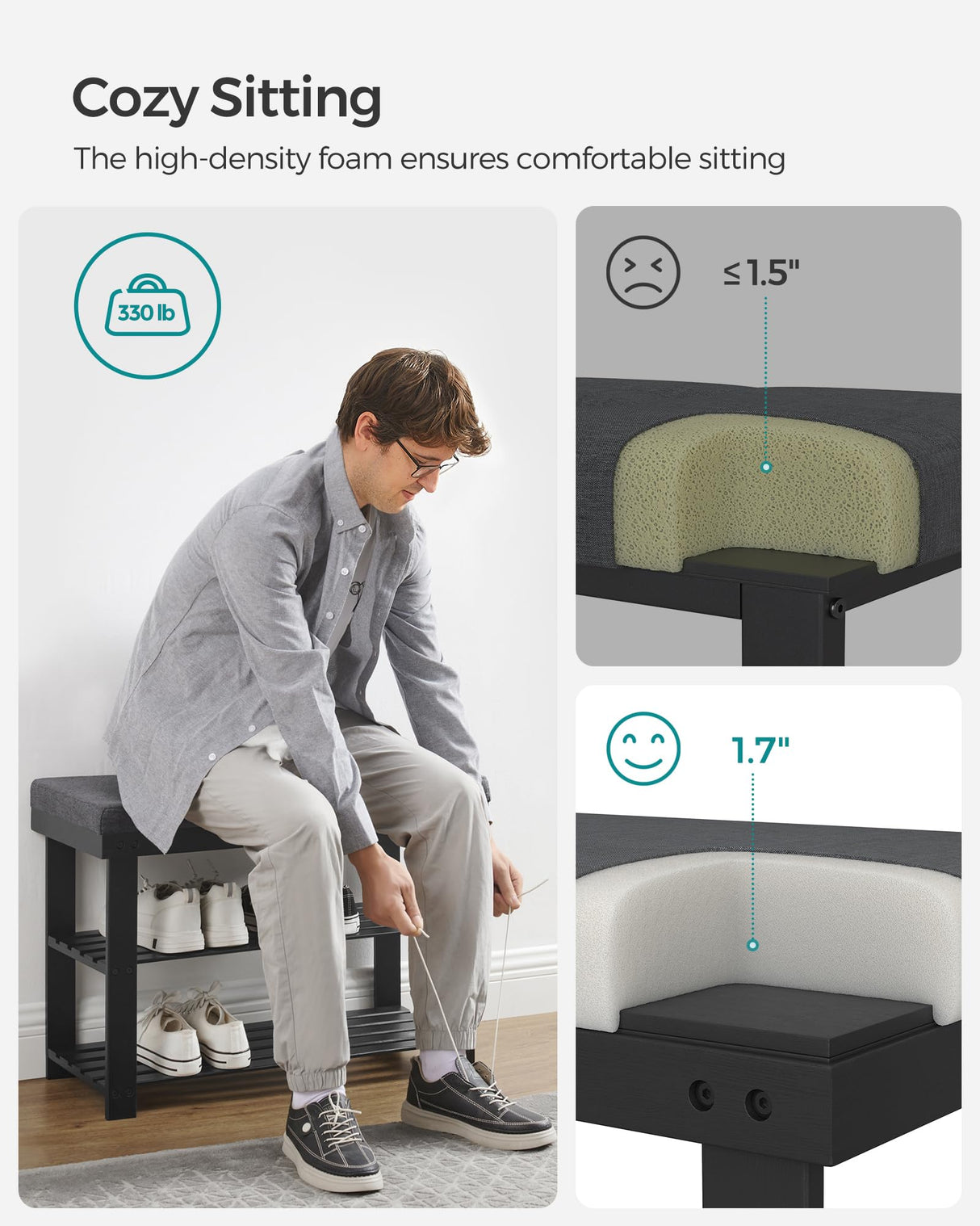 SONGMICS Bamboo Shoe Bench, 3-Tier Shoe Rack, Stable Shoe Organizer for Entryway, Living Room, Bench Seat Holds Up to 330 lb, 11.4 x 28 x 19.3 Inches, Black and Gray ULBS604B01 SONGMICS