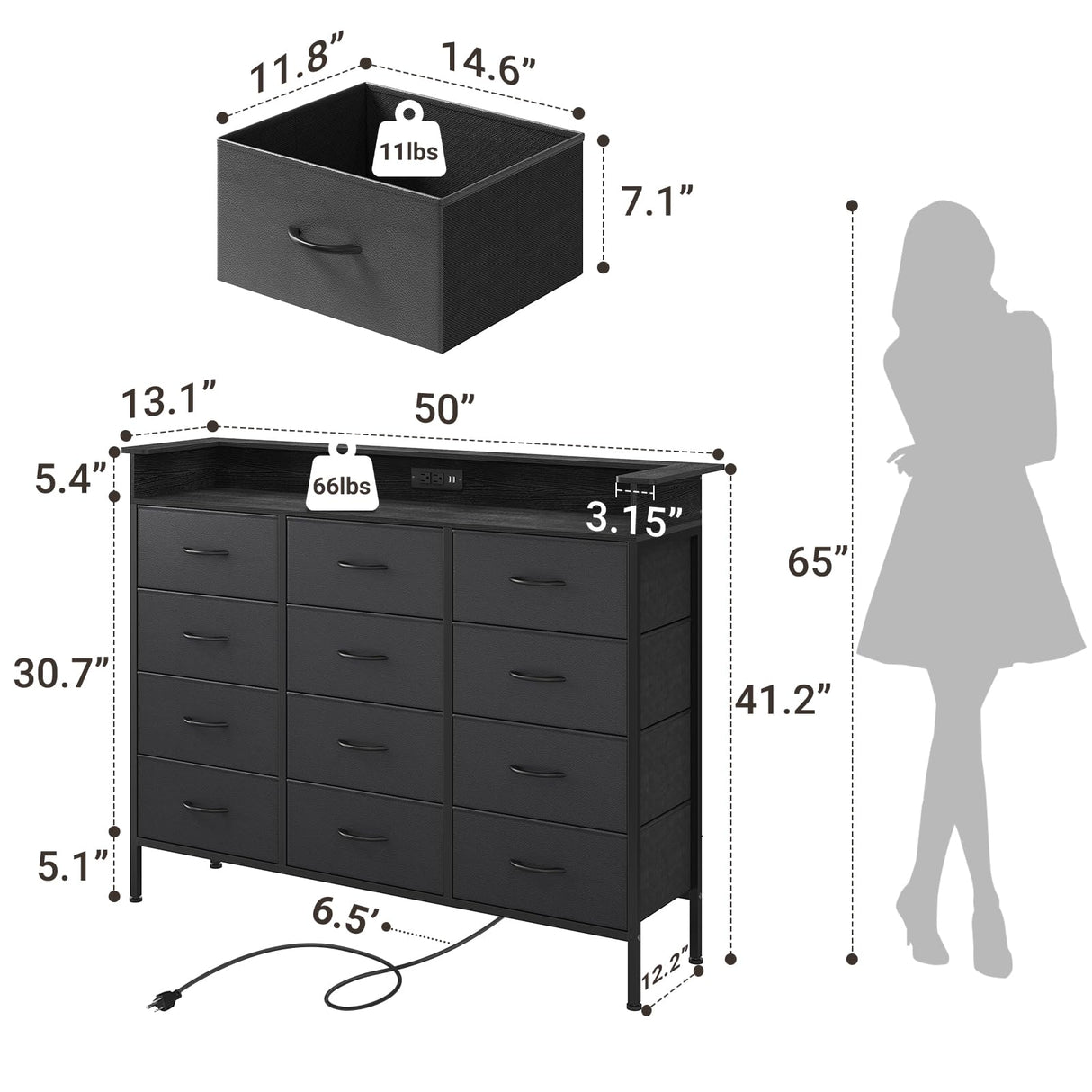 ELYKEN 50”W Black Dresser for Bedroom, Tall Dresser with 12 Drawers and Charging Station, Fabric Chest of Drawers with PU Finish Storage Drawers for Entryway Closet Living Room Hallway ELYKEN