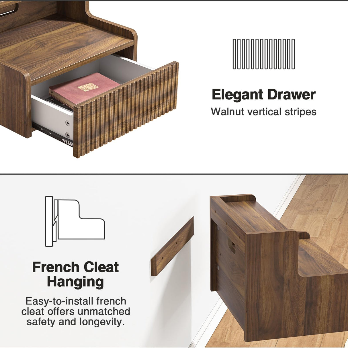 Anmytek Walnut Floating Nightstand Set of 2 with Drawer, Wall Mounted Night Stand, Small Bedside End Table, Modern Wood Floating Bedside Shelf for Bedroom Bathroom Kitchen Anmytek