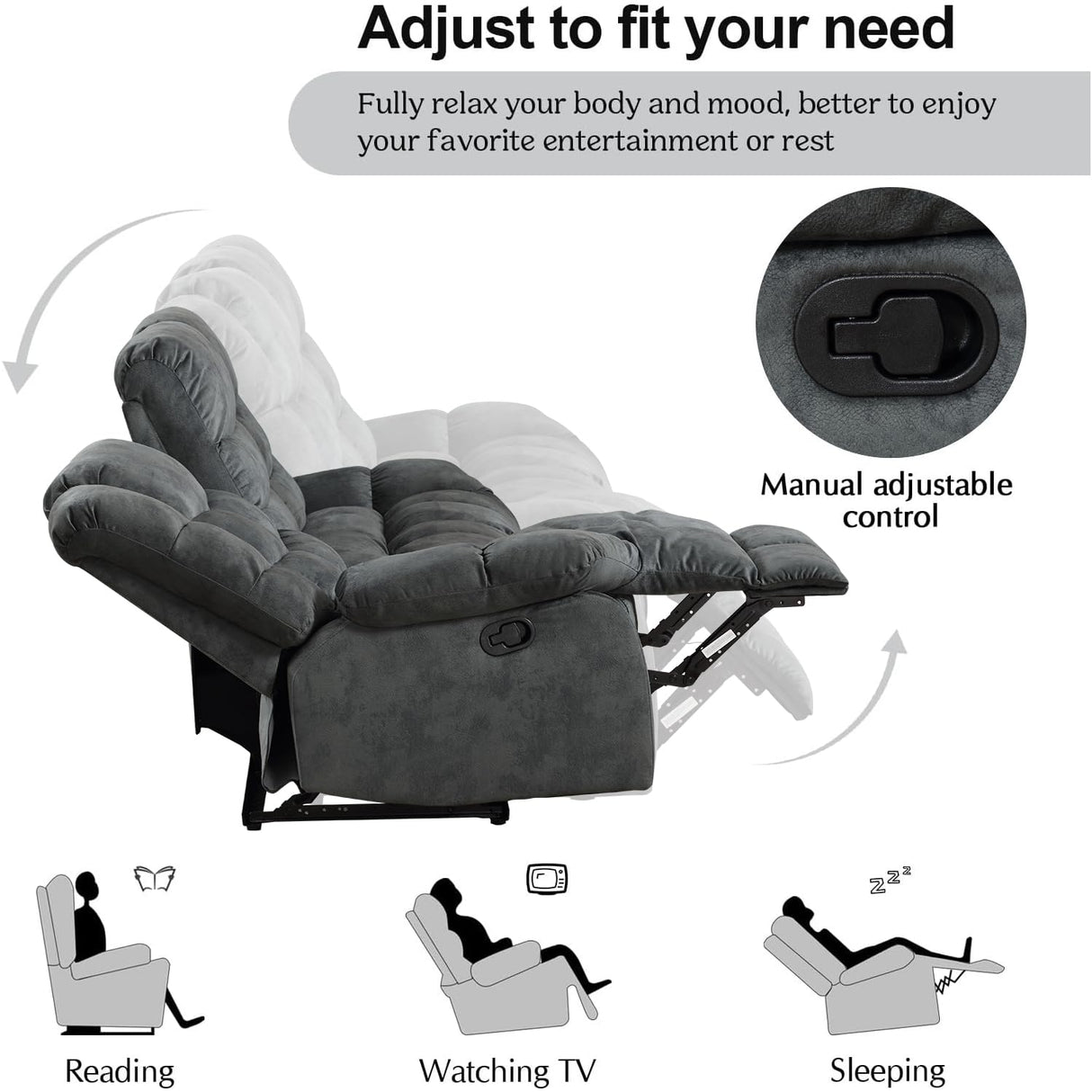 CANMOV Manual Loveseat Recliner, 2 Seat Recliner Sofa Chair with Armrest and Overstuffed Backrest, Couch Set for Living Room, Bedroom, Office, Grey CANMOV